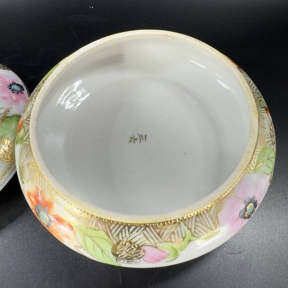 Antique Nippon Hand Painted Dresser Jar Container Hair Holder Textured Canister - Picture 10 of 16